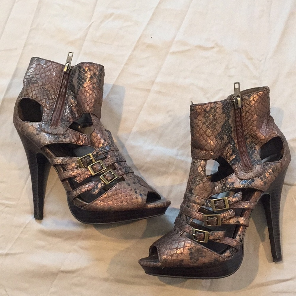 Caged bronze snake skin heels with zipper buckles